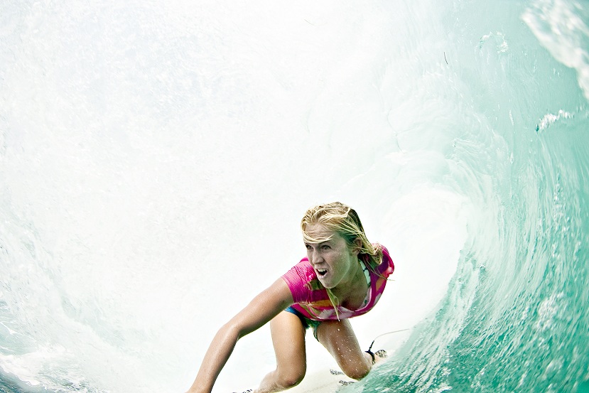 Bethany Hamilton driving through a barrel in Indonesia Fall 2009.